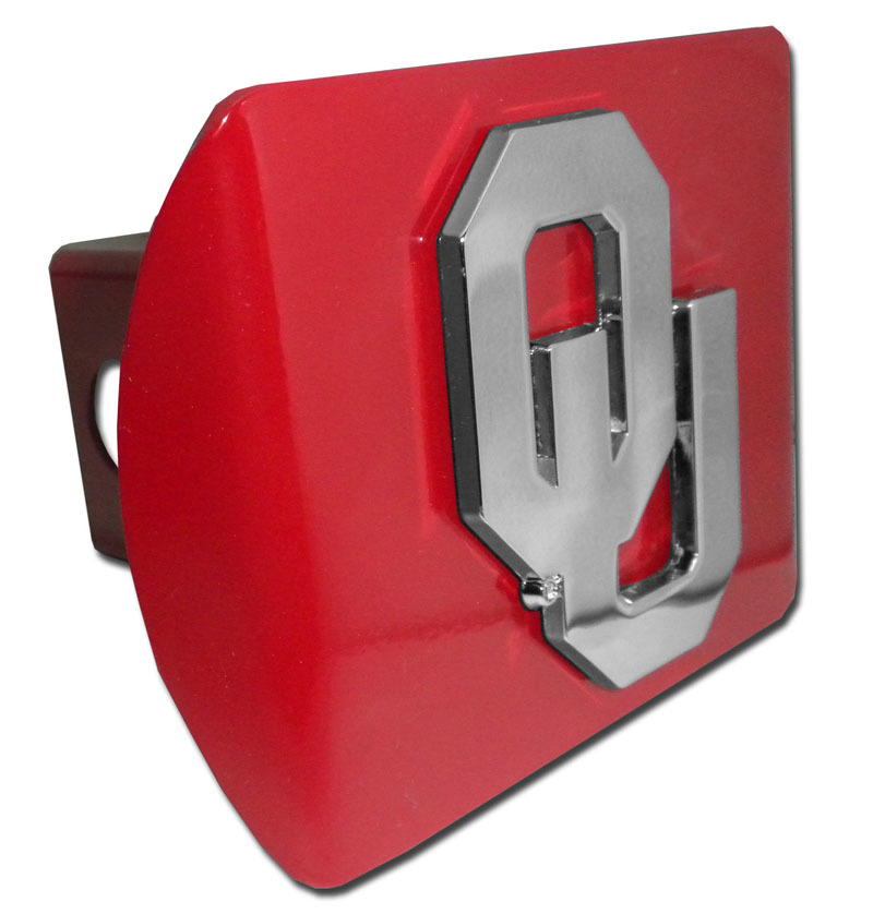 University of Oklahoma METAL emblem on chrome METAL Hitch Cover AMG chrome with crimson trim 
